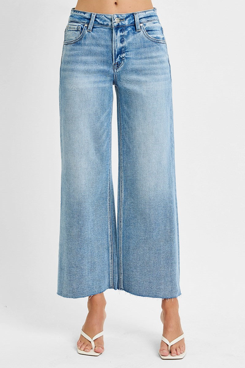 Risen Jeans - Mid Rise Crop Wide Raw Cut Hem Jeans - PWC21093L - SaltTree