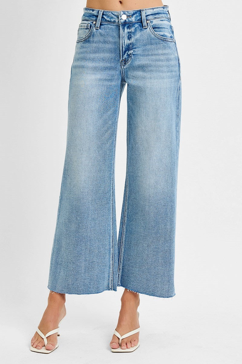 Risen Jeans - Mid Rise Crop Wide Raw Cut Hem Jeans - PWC21093L - SaltTree