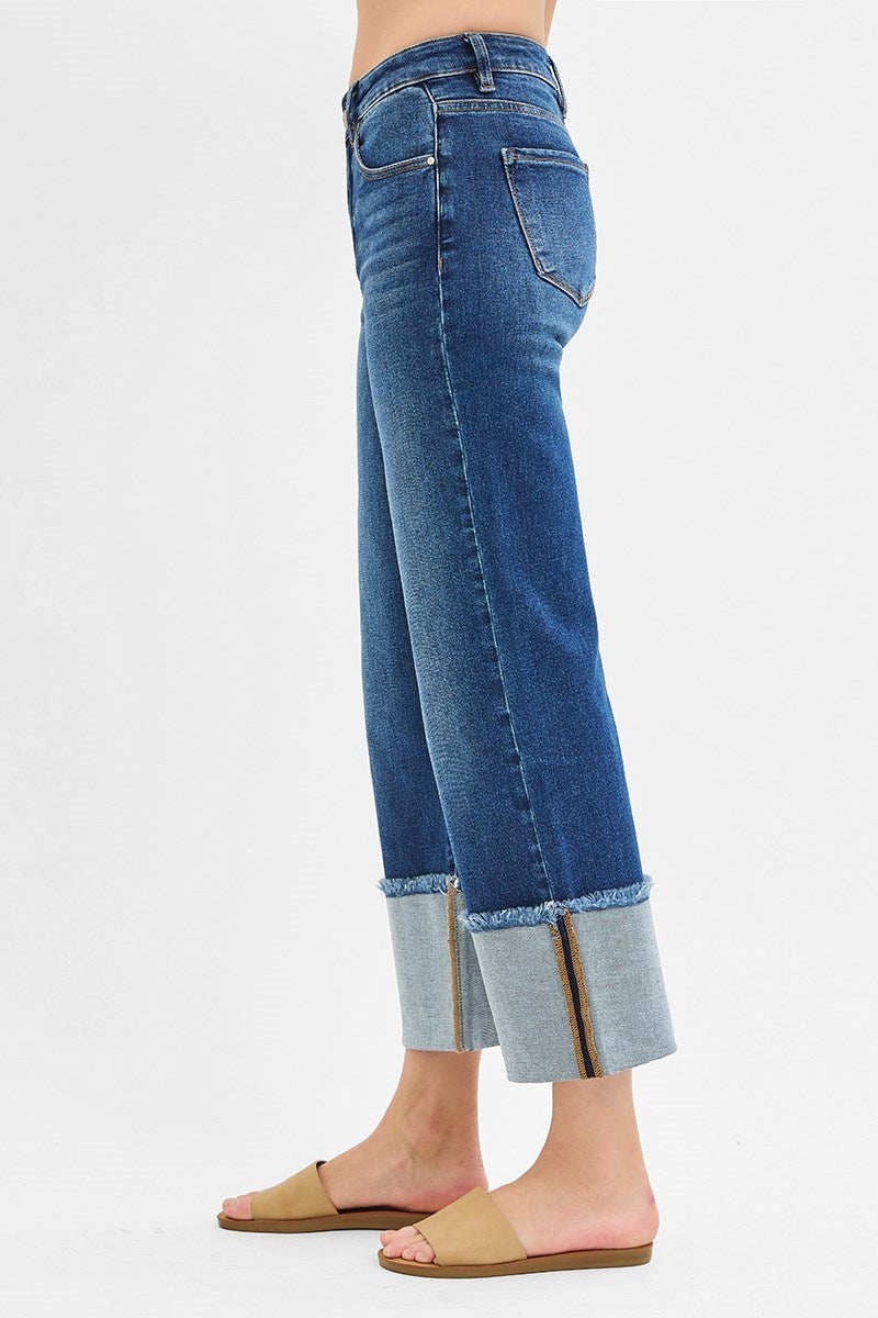 Risen Jeans - Mid Rise Crop Wide Cuffed Jeans - PWC21289D - SaltTree
