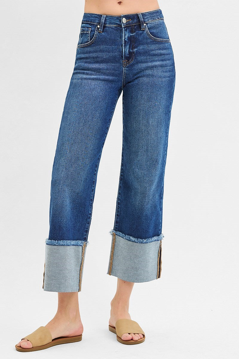 Risen Jeans - Mid Rise Crop Wide Cuffed Jeans - PWC21289D - SaltTree