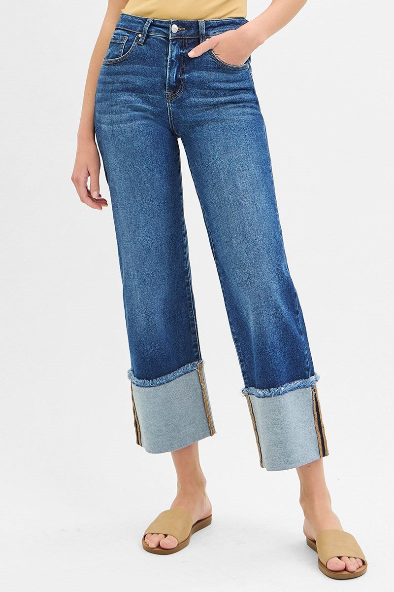 Risen Jeans - Mid Rise Crop Wide Cuffed Jeans - PWC21289D - SaltTree