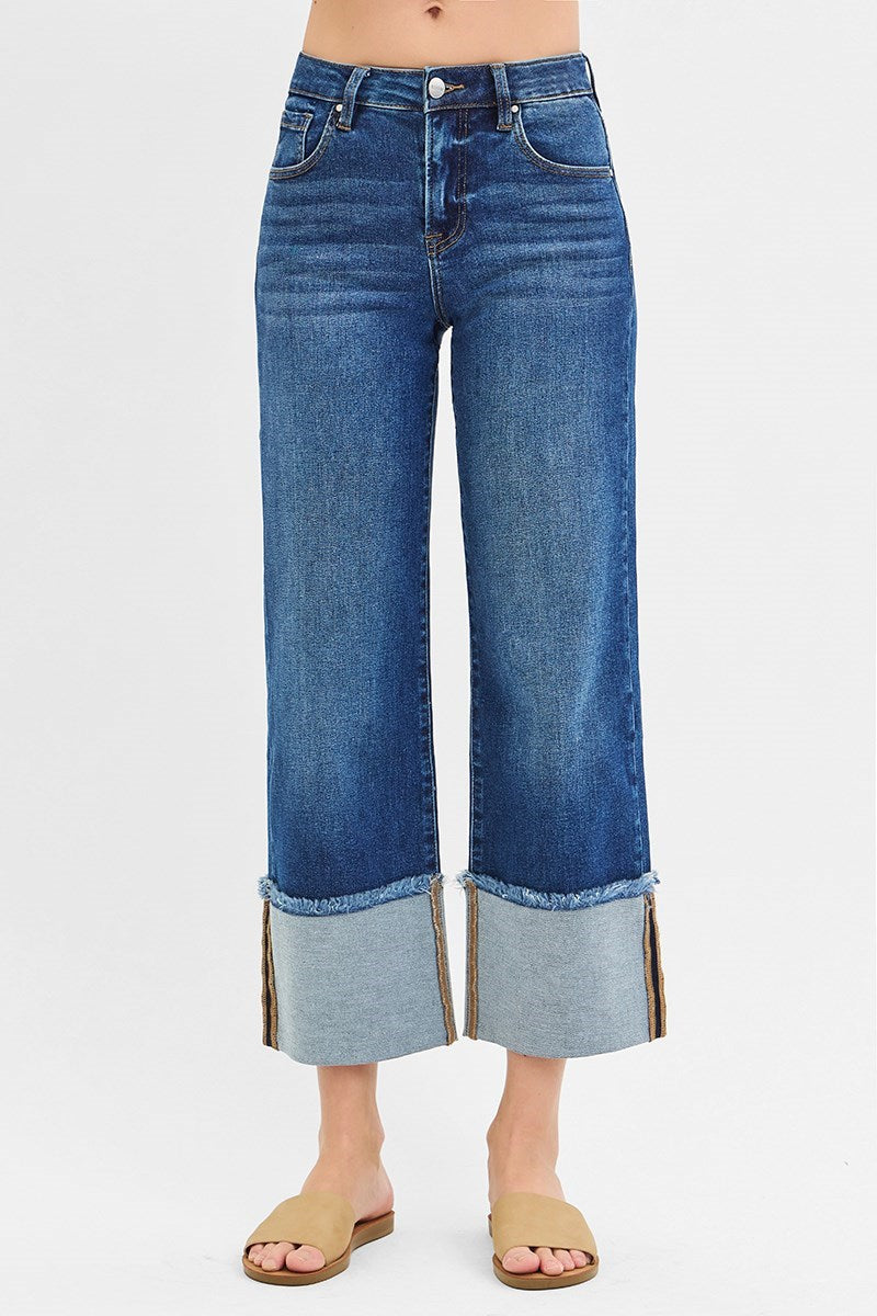 Risen Jeans - Mid Rise Crop Wide Cuffed Jeans - PWC21289D - SaltTree