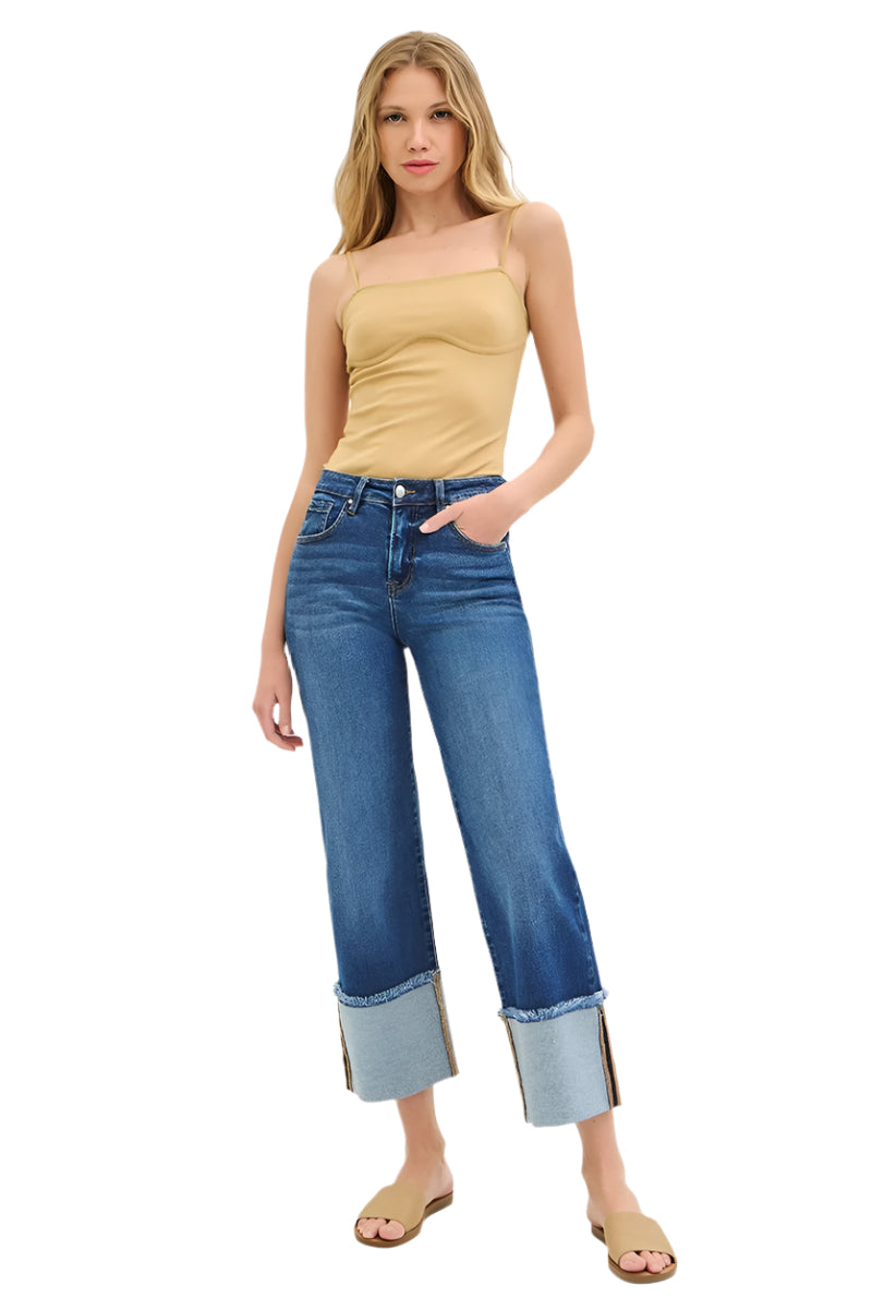Risen Jeans - Mid Rise Crop Wide Cuffed Jeans - PWC21289D - SaltTree