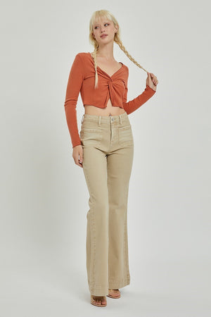 Risen Jeans - High Rise Front Patch Pocket Bell Bottom Pants - RDP5358 - SaltTree