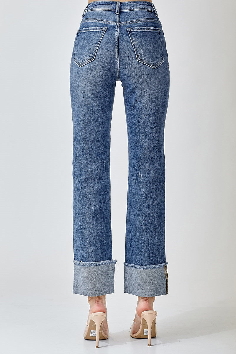 Risen Jeans - High Rise Straight Cuffed Relaxed Jeans - RDP5379CH - SaltTree