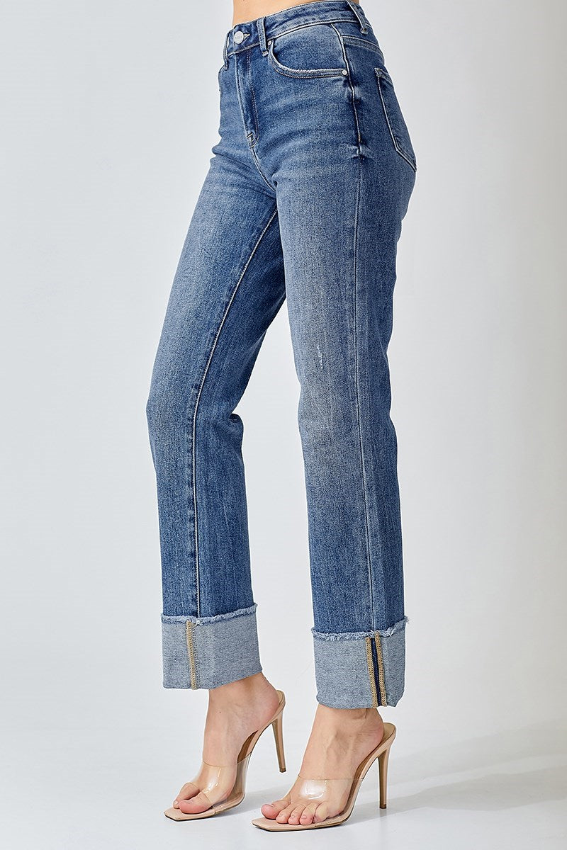 Risen Jeans - High Rise Straight Cuffed Relaxed Jeans - RDP5379CH - SaltTree