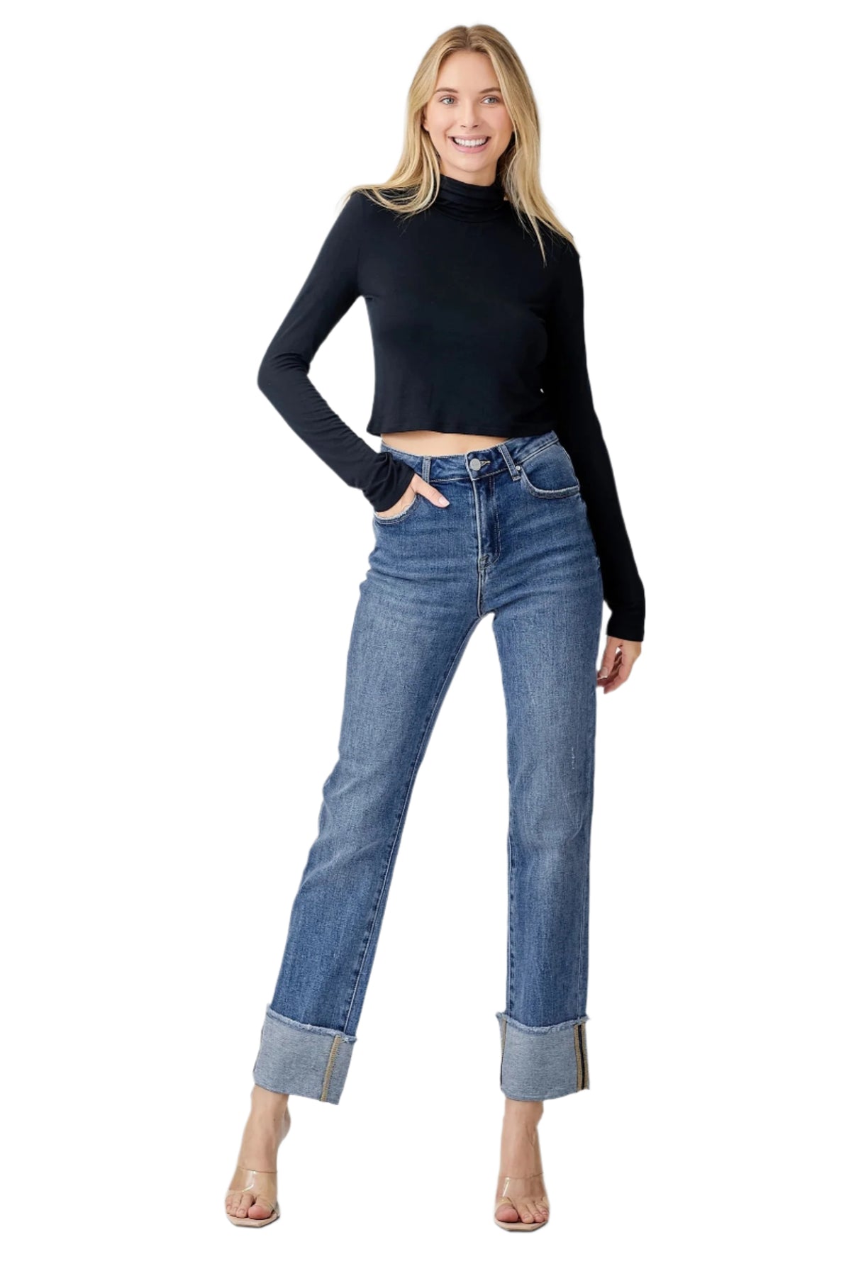 Risen Jeans - High Rise Straight Cuffed Relaxed Jeans - RDP5379CH - SaltTree
