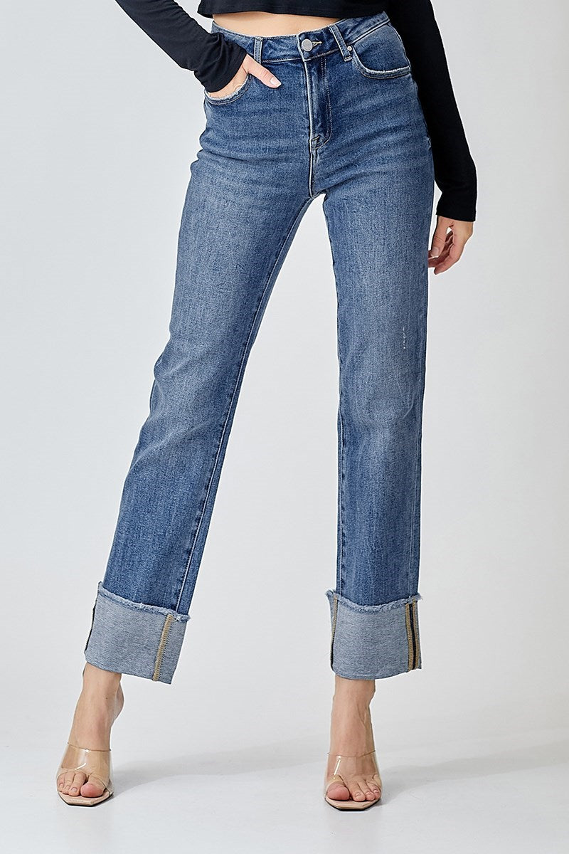 Risen Jeans - High Rise Straight Cuffed Relaxed Jeans - RDP5379CH - SaltTree