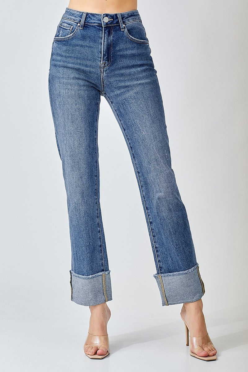 Risen Jeans - High Rise Straight Cuffed Relaxed Jeans - RDP5379CH - SaltTree