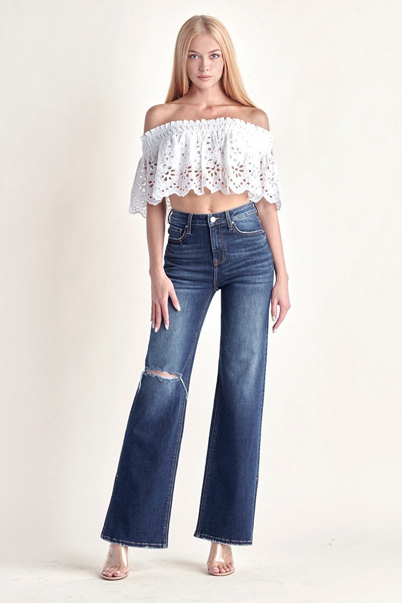 Risen Jeans - High Rise Distressed Wide Flare Jeans - RDP5385 - SaltTree
