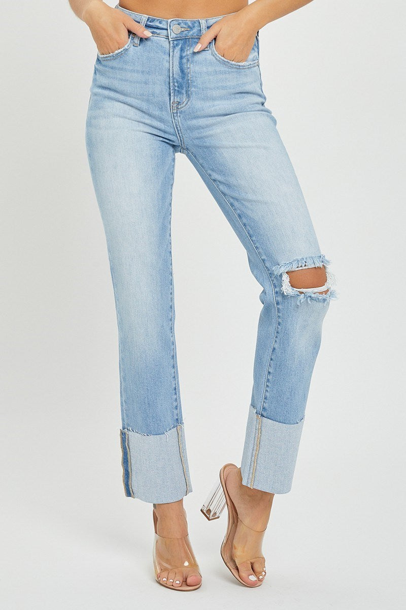 Risen Jeans - High Rise Wide Cuffed Straight Jeans - RDP5484 - SaltTree