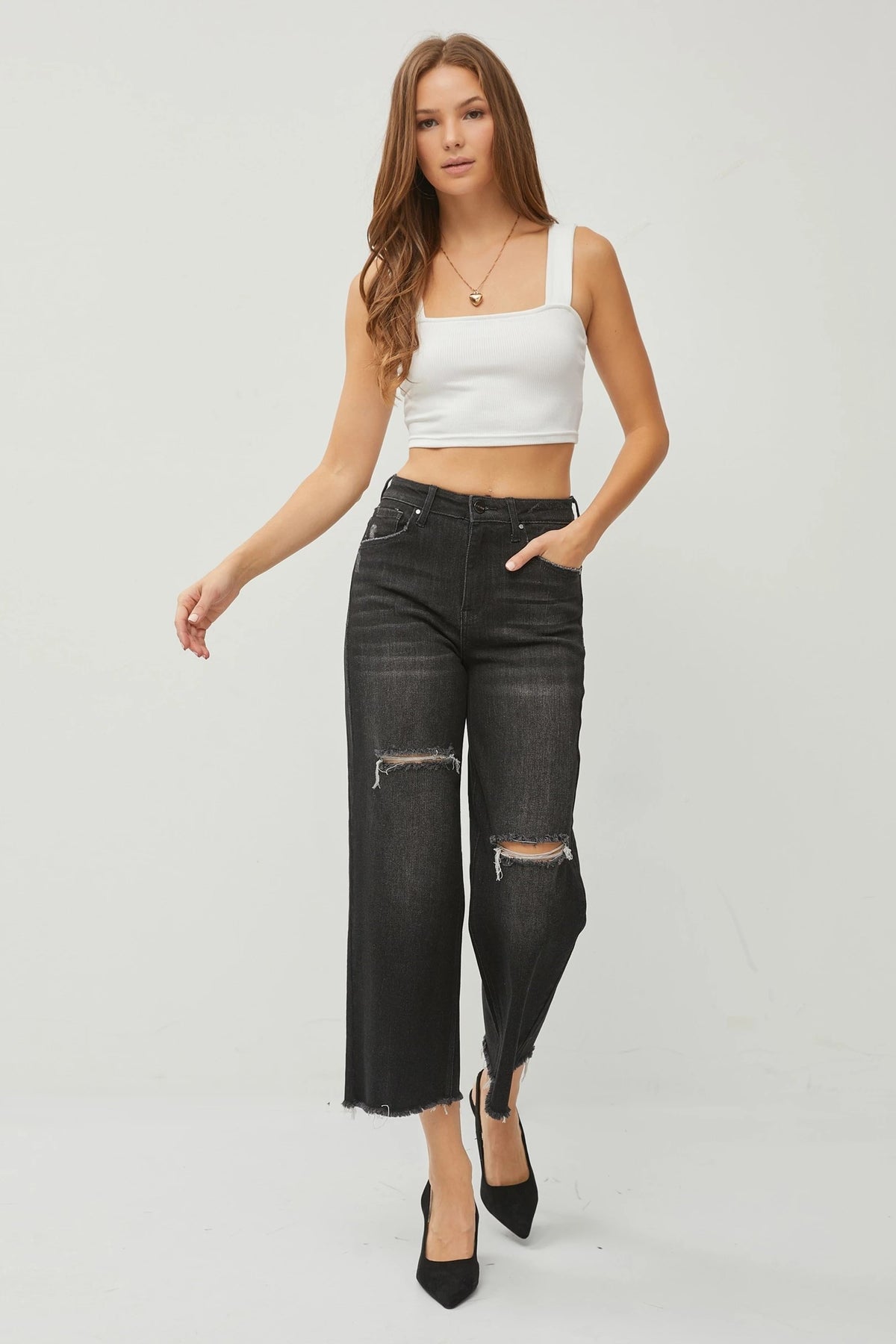 Risen Jeans -High Rise Frayed Ankle Wide Jeans - RDP5511 - SaltTree