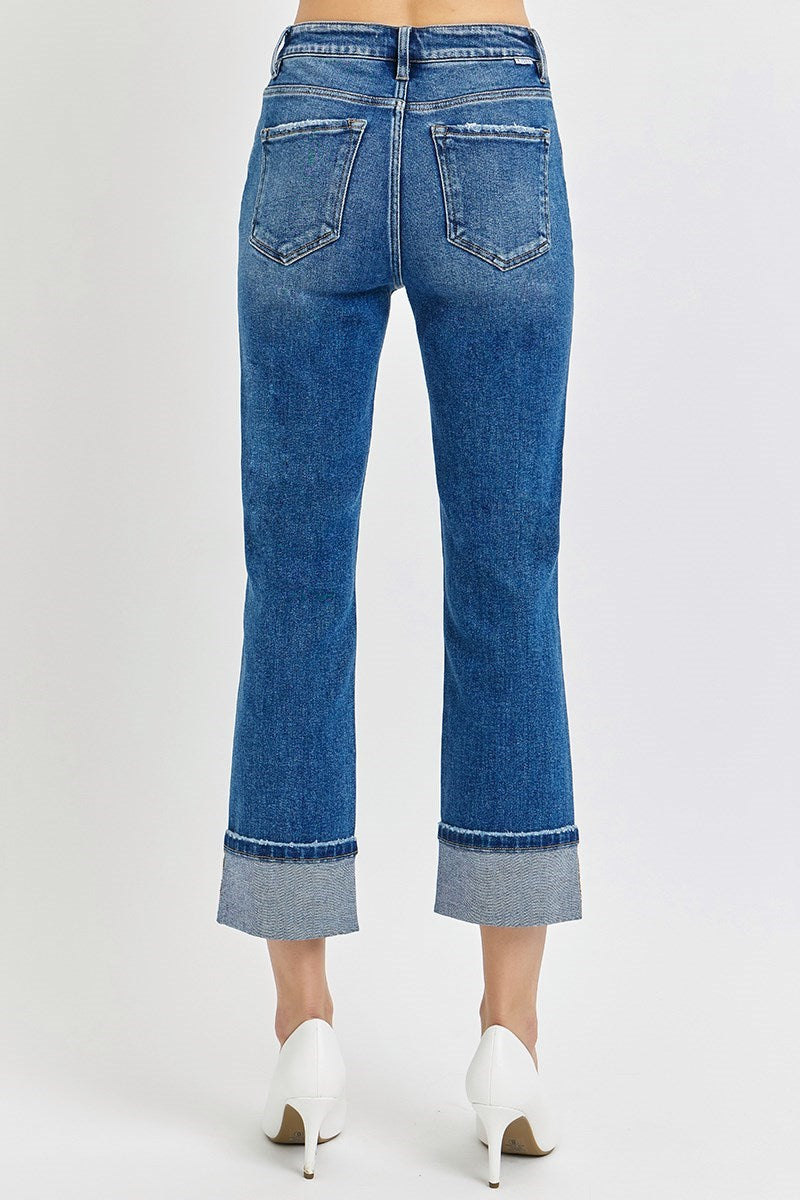 Risen Jeans - High Rise Full Length Straight Leg Jeans with Adjustable Cuffed Hem - RDP5580