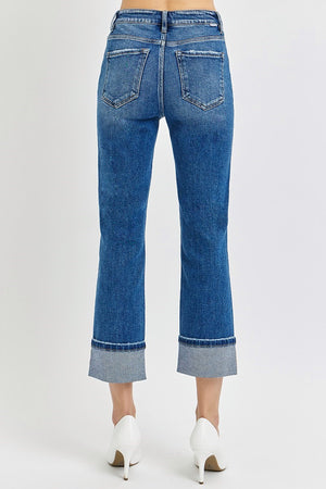 Risen Jeans - High Rise Full Length Straight Leg Jeans with Adjustable Cuffed Hem - RDP5580