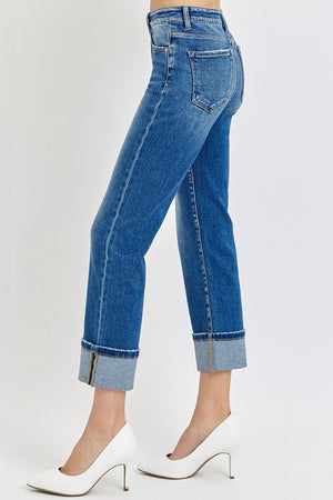Risen Jeans - High Rise Full Length Straight Leg Jeans with Adjustable Cuffed Hem - RDP5580