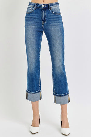 Risen Jeans - High Rise Full Length Straight Leg Jeans with Adjustable Cuffed Hem - RDP5580