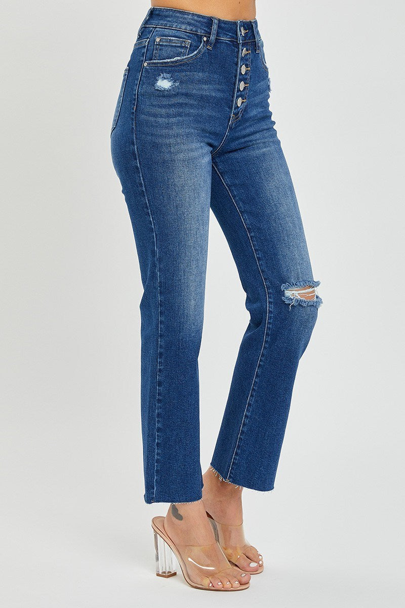 Risen Jeans - High Rise Crop Straight Button Down Distressed Jeans - RDP5585sz - SaltTree