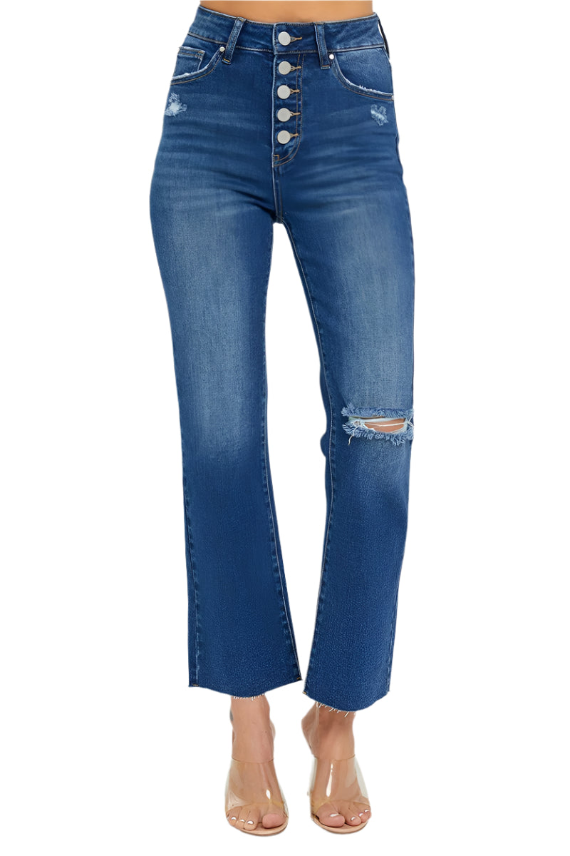 Risen Jeans - High Rise Crop Straight Button Down Distressed Jeans - RDP5585sz - SaltTree