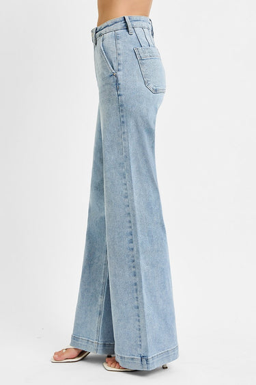 Risen Jeans - High Rise Wide Leg Slanted Pocket Jeans in Light Wash (33" Inseam) - RDP5660HD - Final Sale-SaltTree