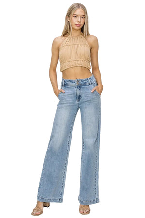 Risen Jeans - High Rise Double Button Wide Leg Jeans (32.5" Inseam) - RDP5765-SaltTree