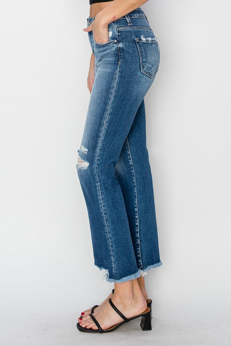 Risen Jeans - Mid Rise Frayed Step Hem Ankle Straight Jeans - RDP5785 - SaltTree