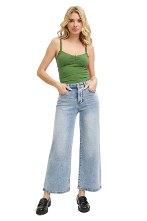 Risen Jeans - Tummy Control Elastic Band High Rise Crop Wide Jeans (27" Inseam) - RDP5909-SaltTree