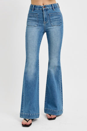 Risen Jeans - Elastic Band High Rise Flare Front Patch Pocket Jeans - RDP5913