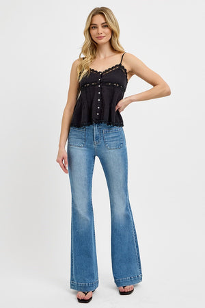 Risen Jeans - Elastic Band High Rise Flare Front Patch Pocket Jeans - RDP5913