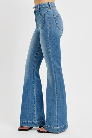 Risen Jeans - Elastic Band High Rise Flare Front Patch Pocket Jeans - RDP5913