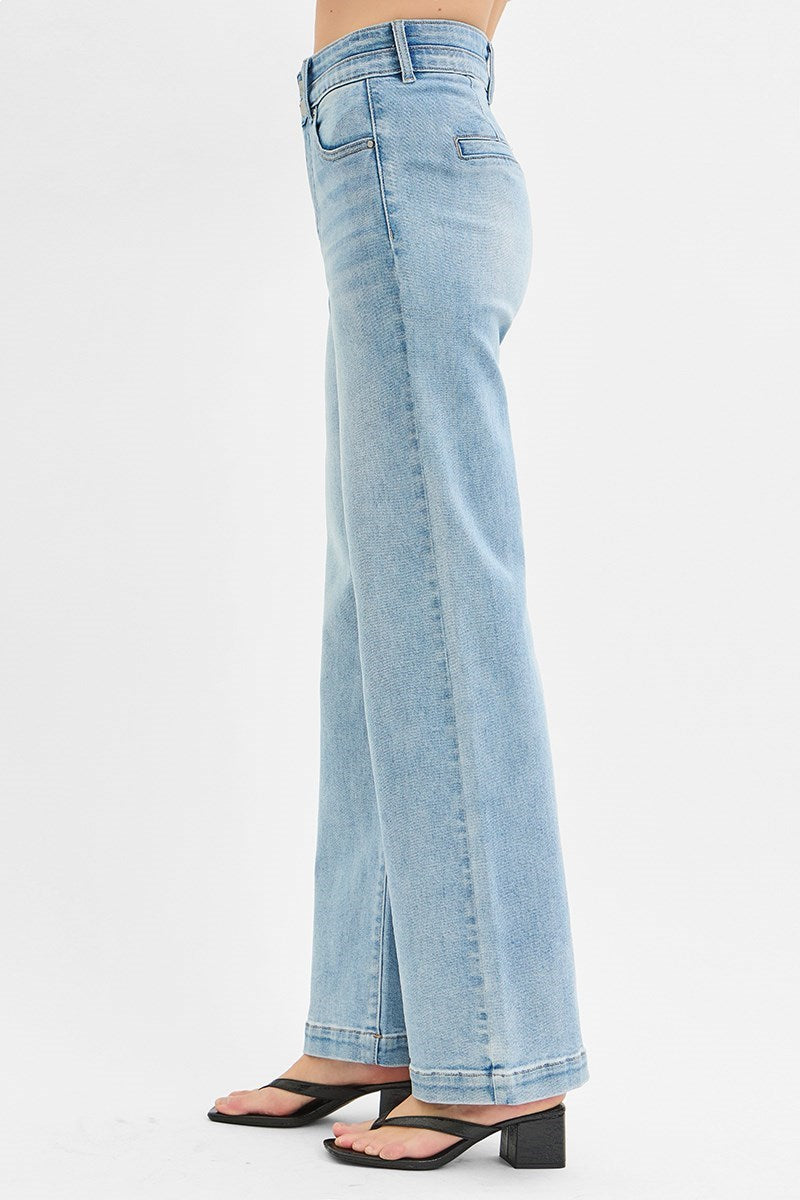 Risen Jeans - Tummy Control Elastic Band High Rise Wide Double Waist Jeans - RDP5919L - SaltTree