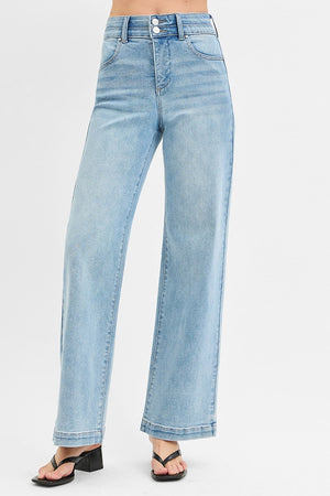 Risen Jeans - Tummy Control Elastic Band High Rise Wide Double Waist Jeans - RDP5919L - SaltTree