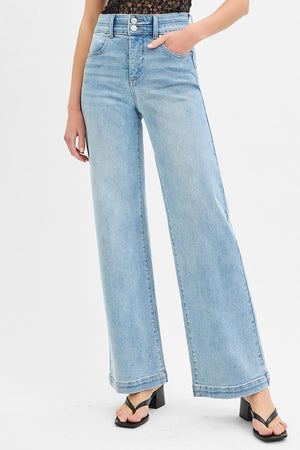 Risen Jeans - Tummy Control Elastic Band High Rise Wide Double Waist Jeans - RDP5919L - SaltTree
