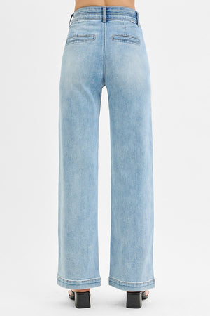 Risen Jeans - Tummy Control Elastic Band High Rise Wide Double Waist Jeans - RDP5919L - SaltTree