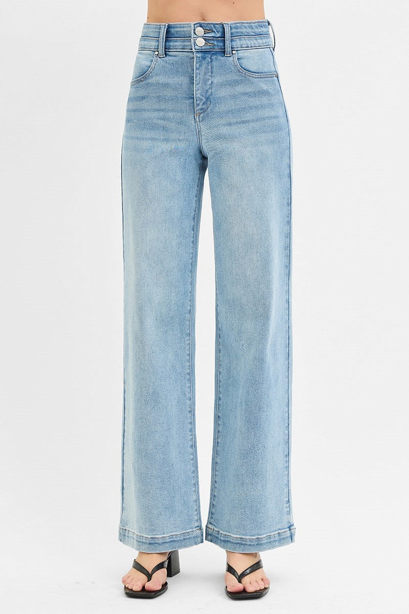 Risen Jeans - Tummy Control Elastic Band High Rise Wide Double Waist Jeans - RDP5919L - SaltTree