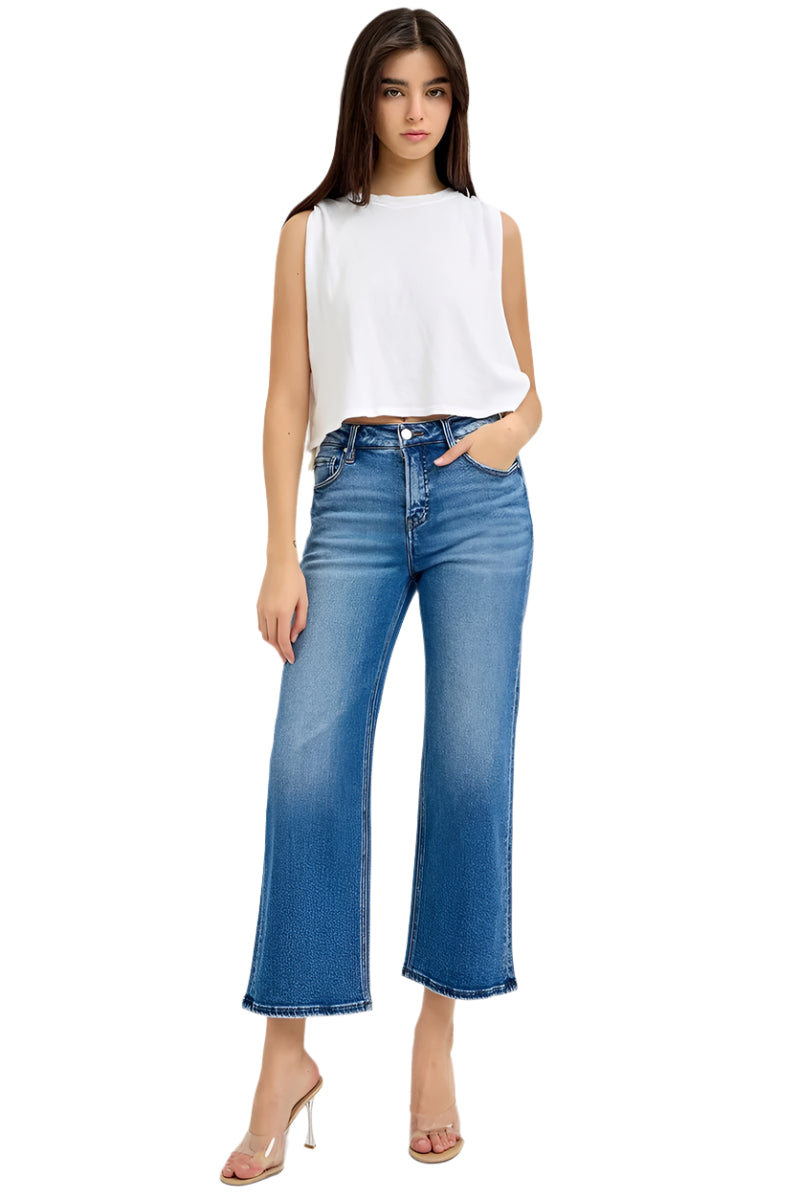 Risen Jeans - Tummy Control Elastic Band Mid Rise Crop Wide Jeans - RDP5926 - SaltTree