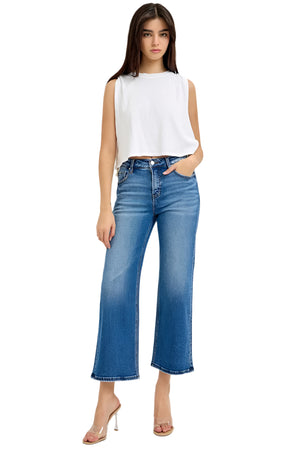 Risen Jeans - Tummy Control Elastic Band Mid Rise Crop Wide Jeans - RDP5926