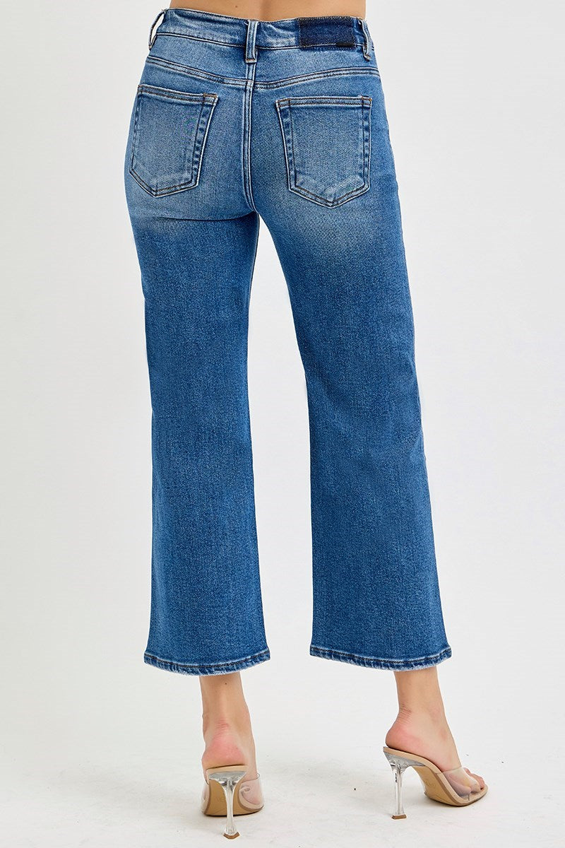 Risen Jeans - Tummy Control Elastic Band Mid Rise Crop Wide Jeans - RDP5926 - SaltTree