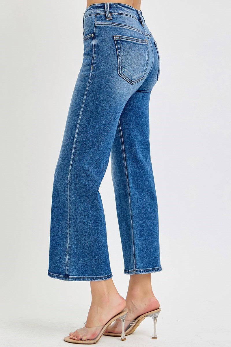Risen Jeans - Tummy Control Elastic Band Mid Rise Crop Wide Jeans - RDP5926 - SaltTree