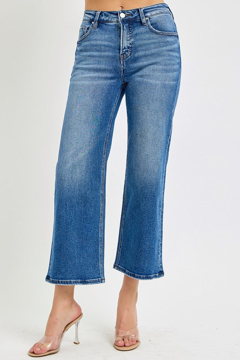 Risen Jeans - Tummy Control Elastic Band Mid Rise Crop Wide Jeans - RDP5926 - SaltTree
