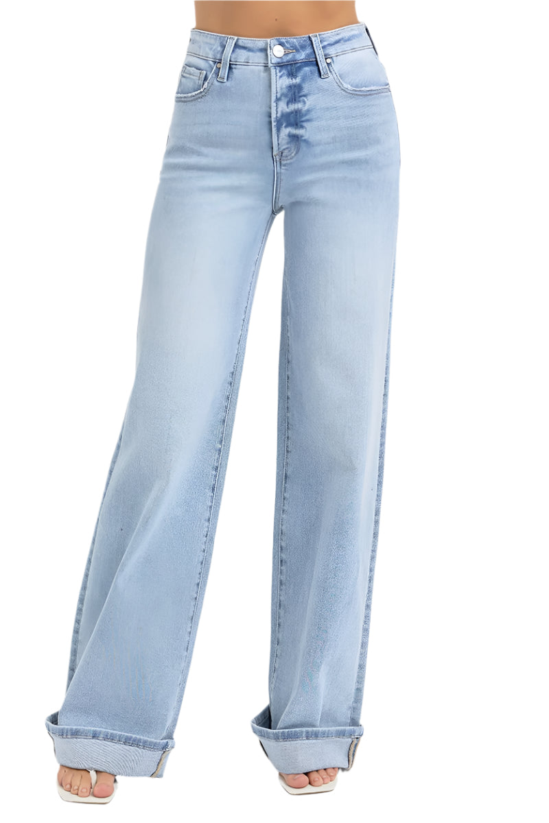 Risen Jeans - Tummy Control High Rise Wide Cuffed Jeans - RDP5975 - SaltTree