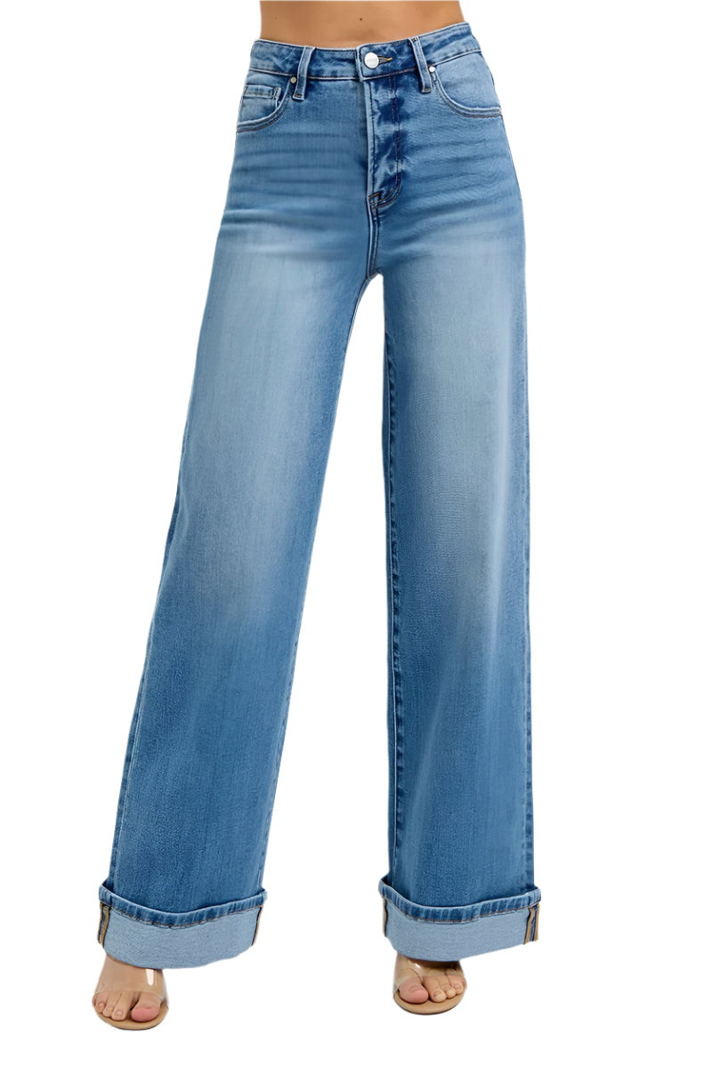 Risen Jeans - Tummy Control High Rise Wide Cuffed Jeans - RDP5975 - SaltTree