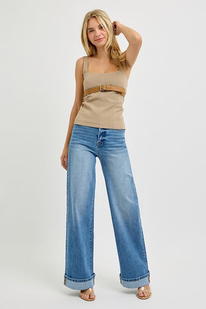 Risen Jeans - Tummy Control High Rise Wide Cuffed Jeans - RDP5975