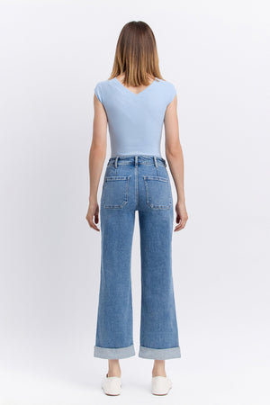 Vervet Denim - High Rise Tab Waistband Cuffed Slim Wide Jeans - T6700