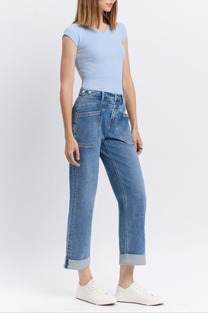 Vervet Denim - High Rise Tab Waistband Cuffed Slim Wide Jeans - T6700