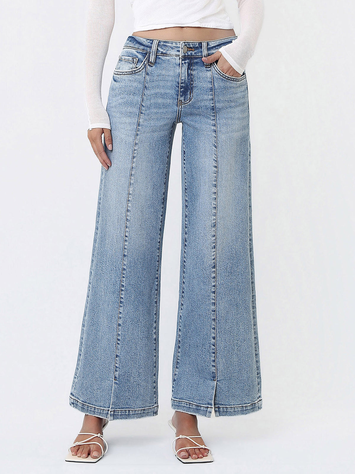 Vervet - Mid-Rise Wide Leg Jeans with Vertical Seam & Front Slit (30" Inseam) - T7225-SaltTree