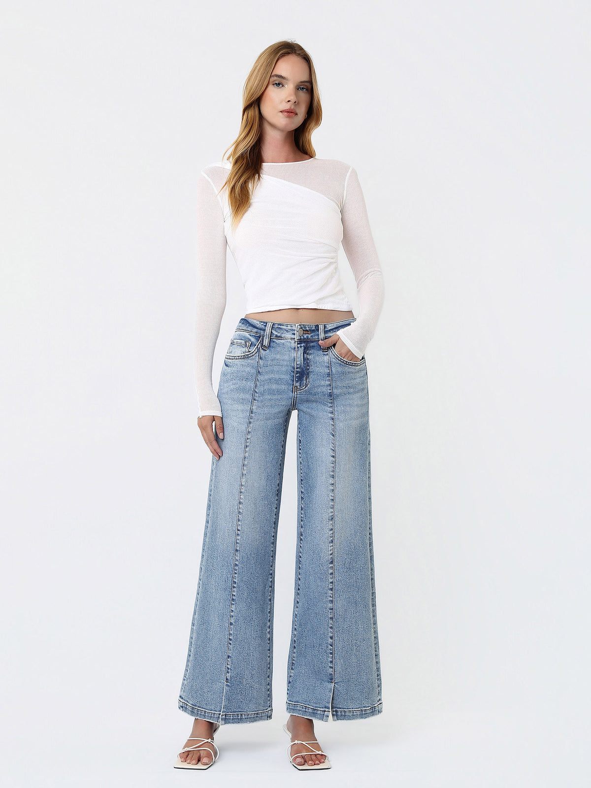 Vervet - Mid-Rise Wide Leg Jeans with Vertical Seam & Front Slit (30" Inseam) - T7225-SaltTree