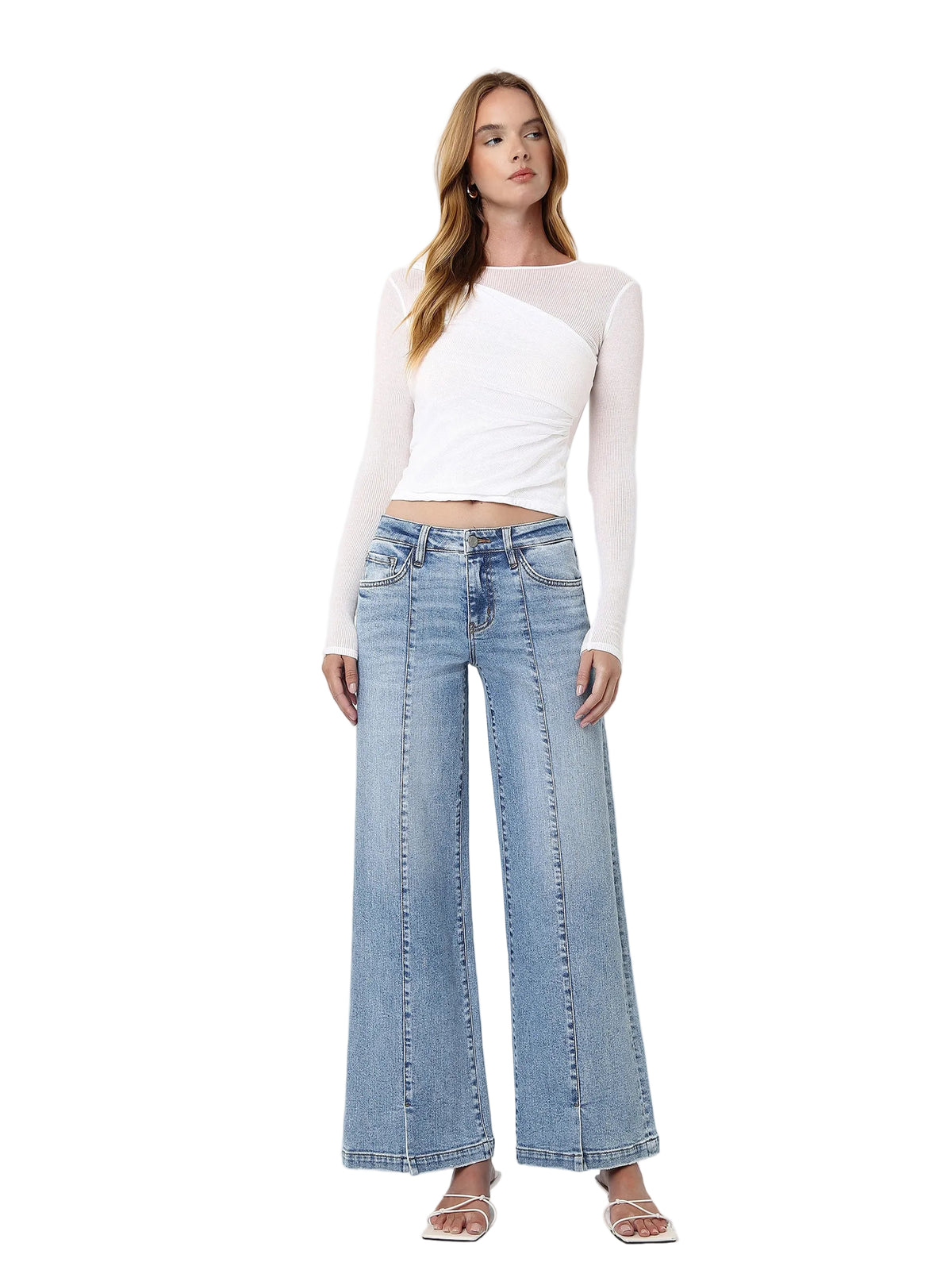 Vervet - Mid-Rise Wide Leg Jeans with Vertical Seam & Front Slit (30" Inseam) - T7225-SaltTree