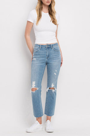 Flying Monkey - High Rise Clean Cut & Fray Hem Detail Crop Straight Jeans - Y3118