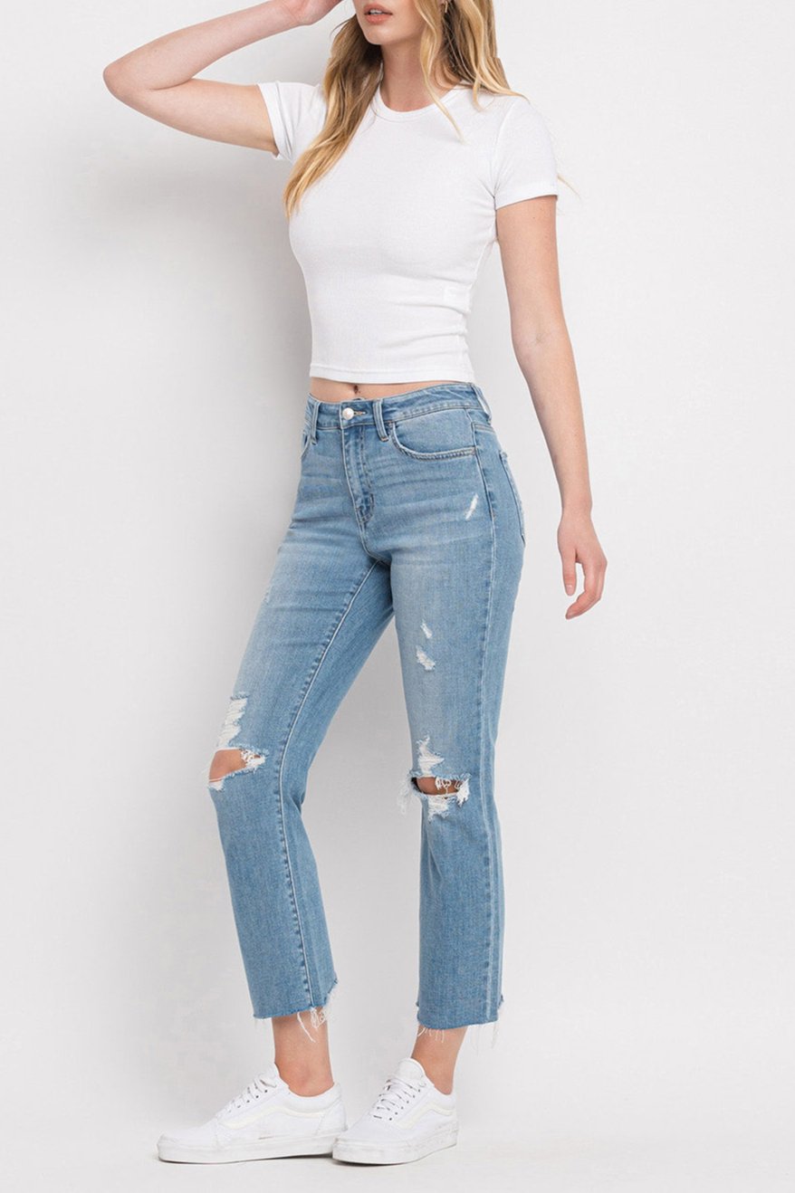 Flying Monkey - High Rise Clean Cut & Fray Hem Detail Crop Straight Jeans - Y3118 - SaltTree