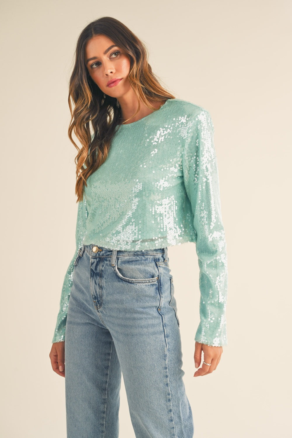 MABLE Shoulder Padded Sequin Crop Top - SaltTree